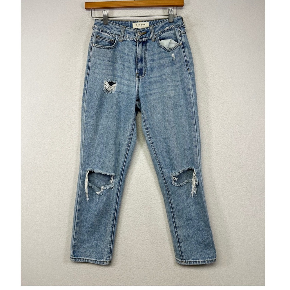 90s‎ Grunge PacSun Women 24 Blue Distressed High Rise Ripped Cotton Mom Jeans